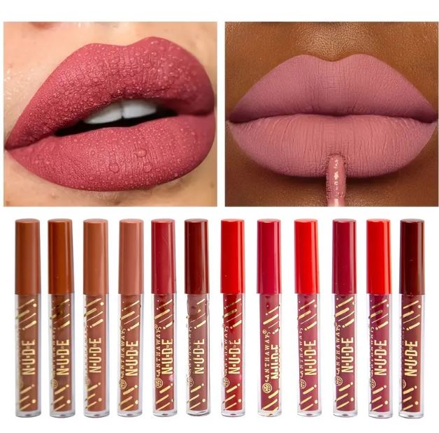 Pack Of 12 Waterproof Matte Nude Redish Shades Lipgloss